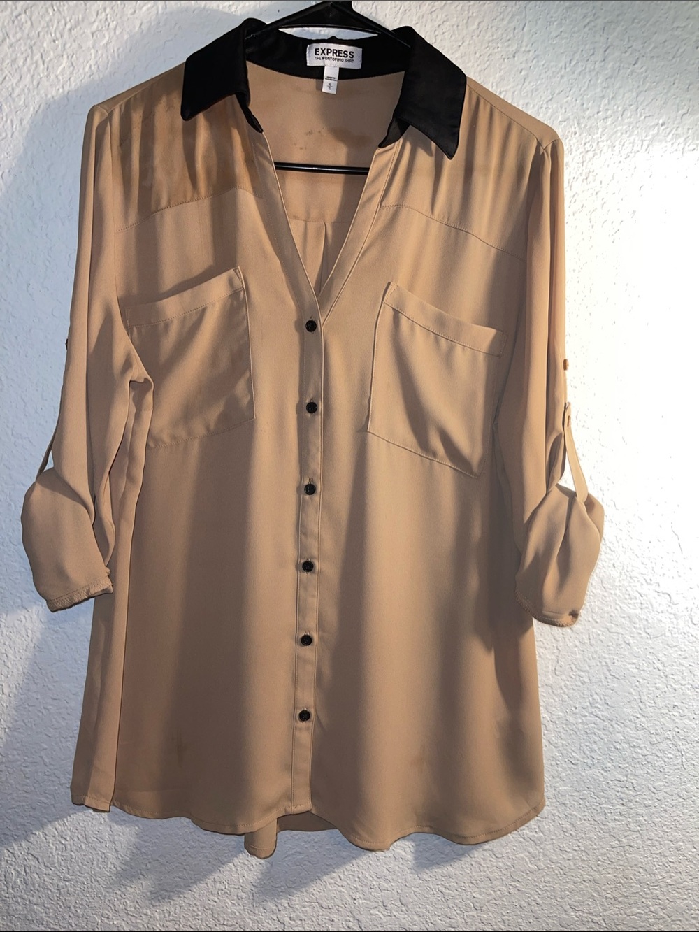 Express Tan Button-Down Blouse with Black Collar